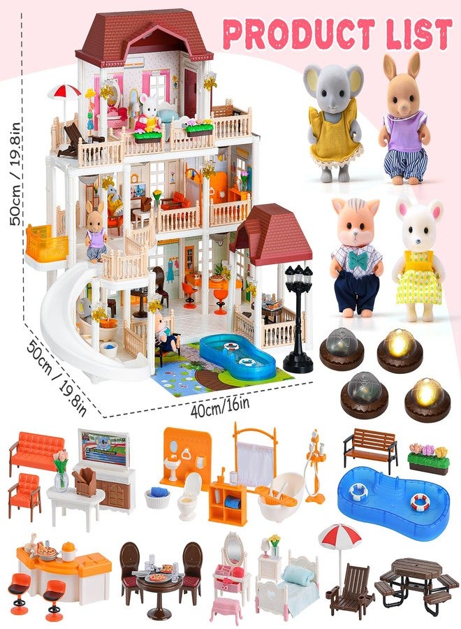 TUZT Doll House with 45 Pcs Furniture and Accessories, 3-Story with 4 Animal Dolls, Food Cooking Set, Warm Lights, Pool Slide and Movable Elevator, Pretend Play Dream Dollhouse for Girls 3+ - Image 5